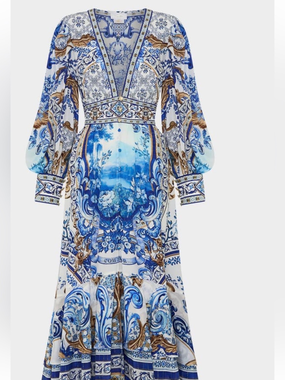 Camilla Blue, White & Gold Printed Long-Sleeve Maxi Dress